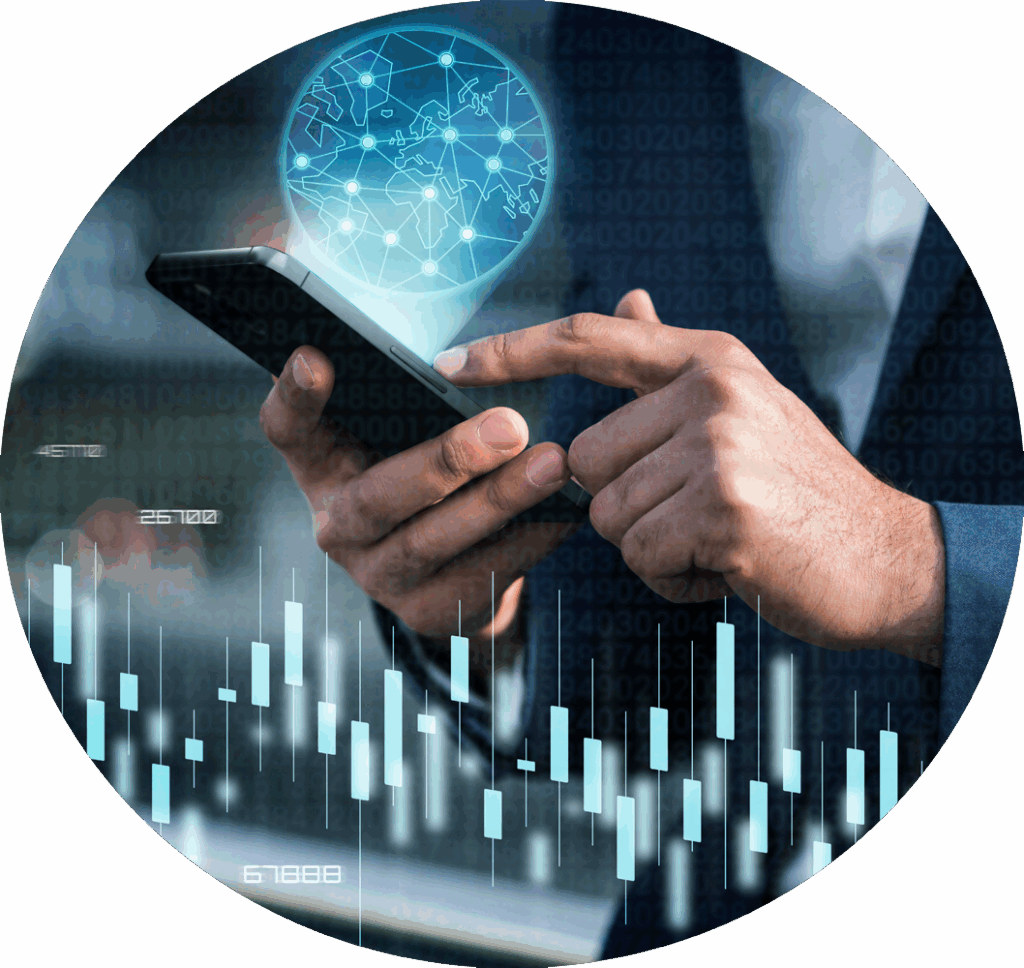 FIA AI Capabilities - man with smart phone with holographic projection of nodes on the world and charts