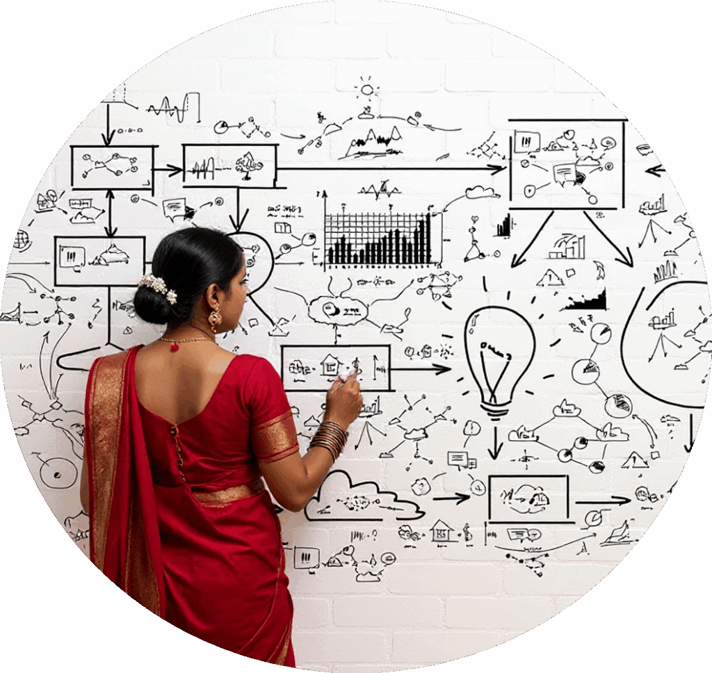 AI Implementation Methodology & Project Management - Indian lady with graphics on a wall