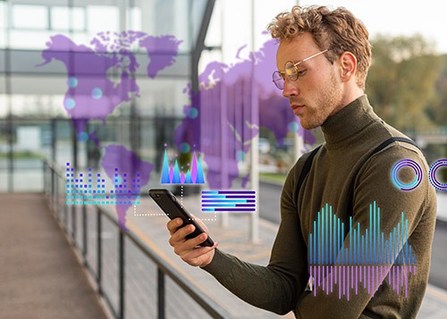 AI-Driven Banking: Enterprise Insight Hub - Man using cellphone to view holographic charts